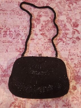 Vintage 50s/60s Walborg Geometric Art Deco Black Beaded Evening Shoulder Bag